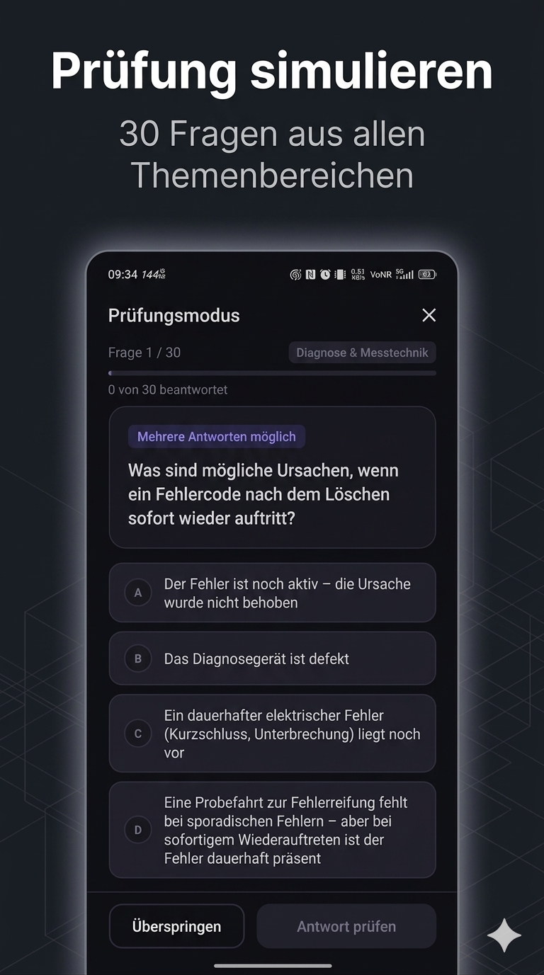 Prüfungsmodus: Prüfung mit 30 Fragen aus allen Themenbereichen simulieren